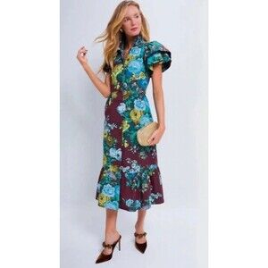 Tuckernuck Alice Dress Merlot Sharp Floral Cotton Midi Ruffle Sleeves XXL NWT